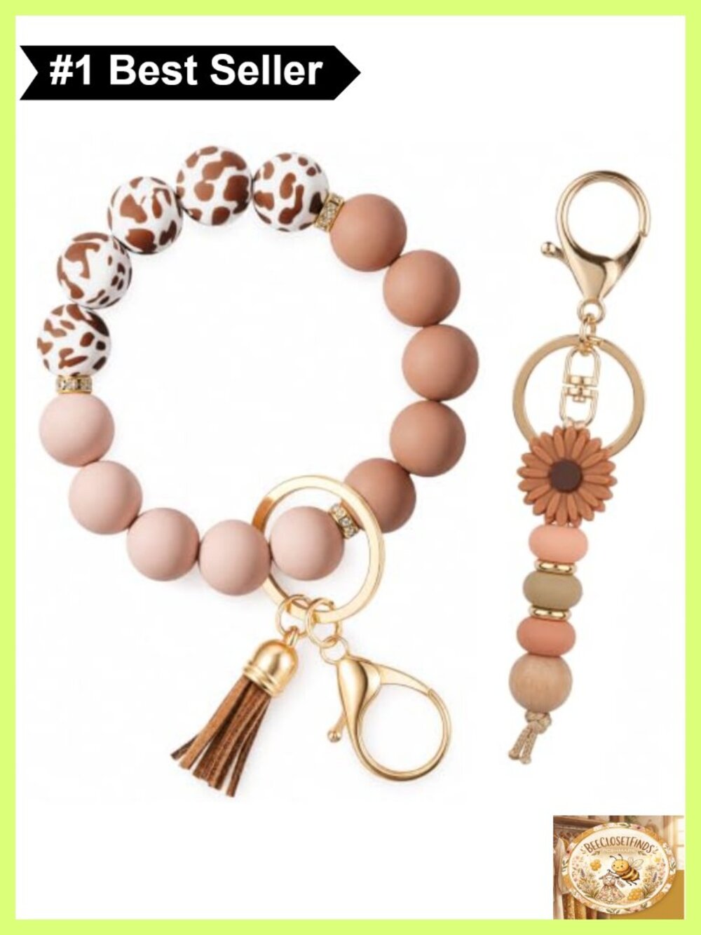 2PC Silicone Beaded Bracelet Keychain Wristlet Set with Gold Plated Key Ring